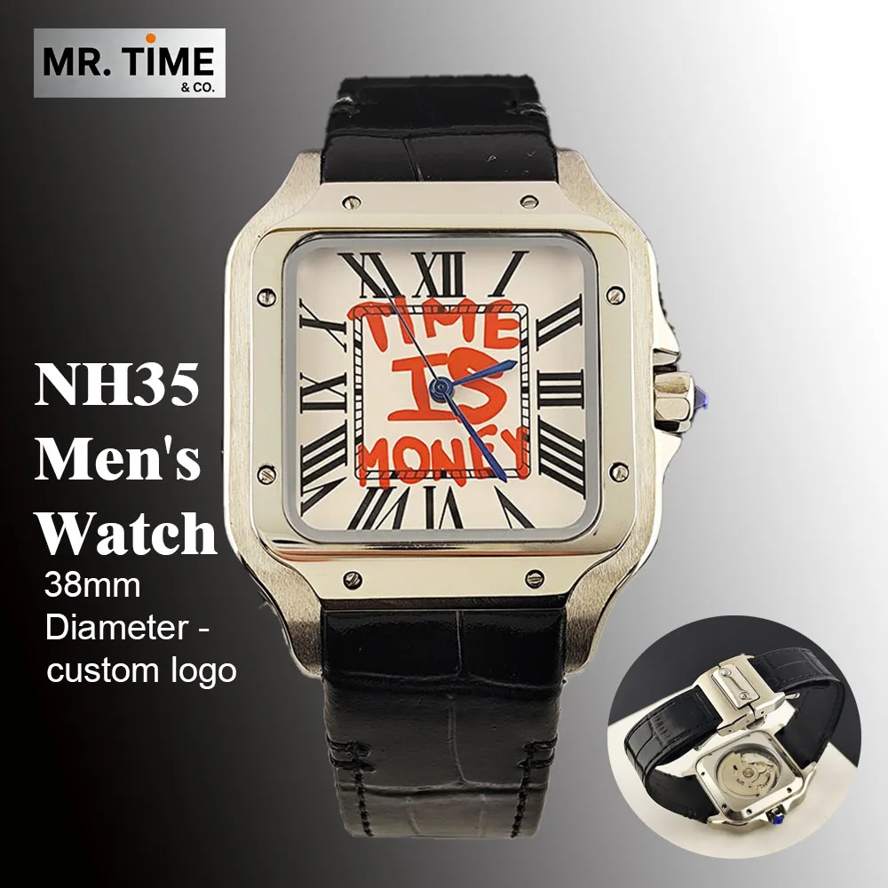 2026 Hot NH35 Watch Time is Money Watch Customized Logo Men's Leather Watch Suitable for NH35 Movement Watch