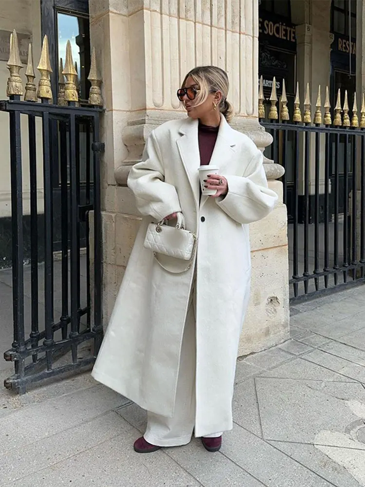 Autumn New White Lapel Long Sleeve Woolen Coat Women Fashion One Button Oversize Overcoat 2024 Casual Lady High Street Outerwear