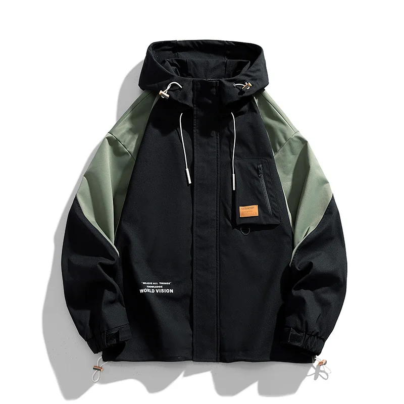 2026 New Men Patchwork Color Block Hooded Cargo Jacket Drawstring Windbreaker Casual Outdoor Streetwear Coat