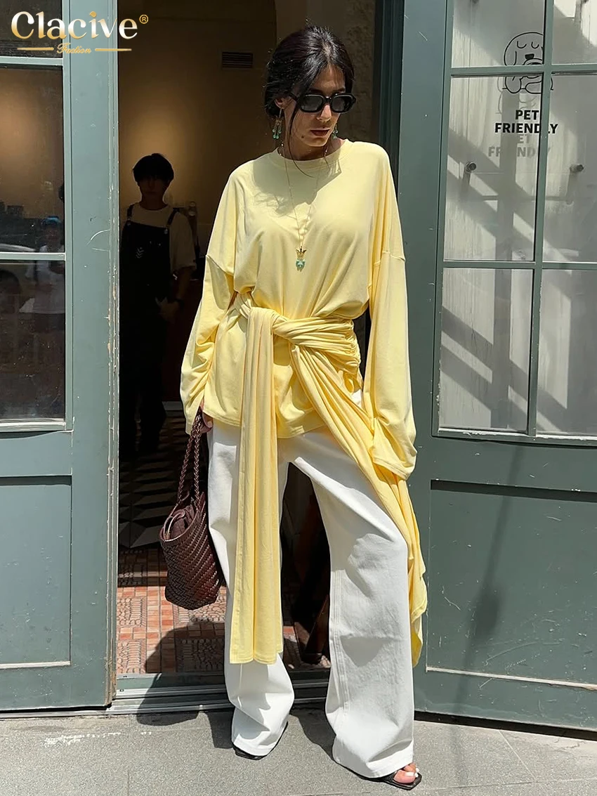 Yellow Lace-Up Long Sleeve O-Neck T-Shirt for Women