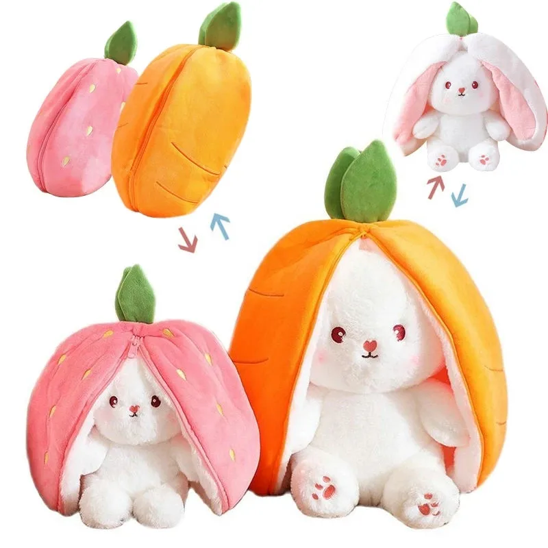 Brinquedo de pelúcia coelho cenoura para crianças, cosplay, morango, cenoura, saco criativo recheado em frutas, transformar bebê, boneca peluches coelho plushie, 18cm