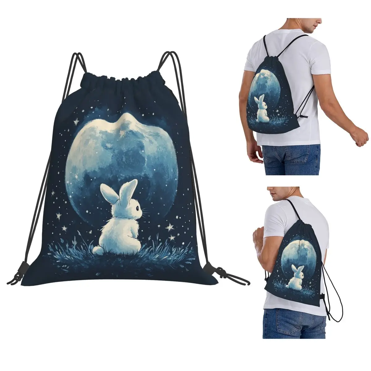 Cute Space Little Bunny Rabbit Backpacks Multi-function Drawstring Bags Sports Bag Book Bags for Man Woman Students