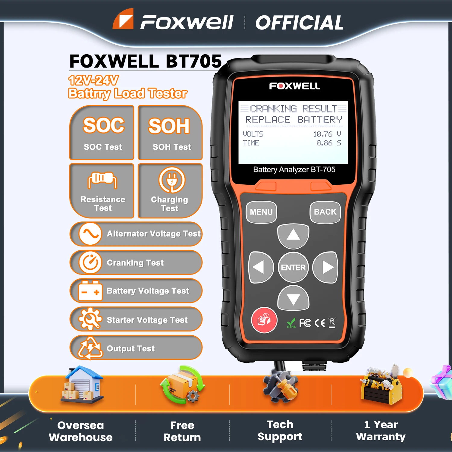 Foxwell BT705 Car Battery Diagnostic Tester 12V 24V Start Cranking Charging System Alternator Tester 100-2000CCA Analyzer