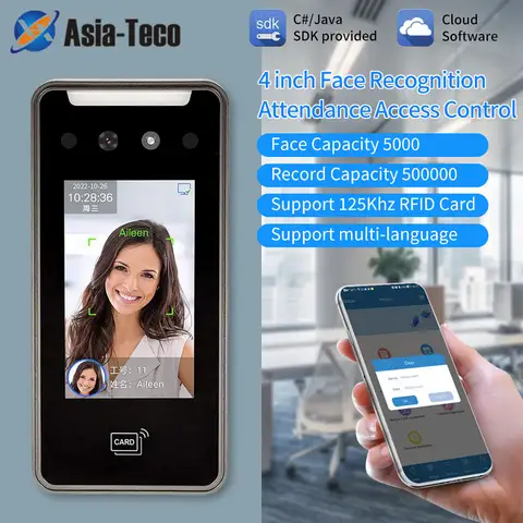 5000 사용자 4 인치 터치 Lcd 2MP 카메라 생체 인식 얼굴 인식 Wifi 액세스 제어 직원 시간 출석 무료 클라우드 API SDK