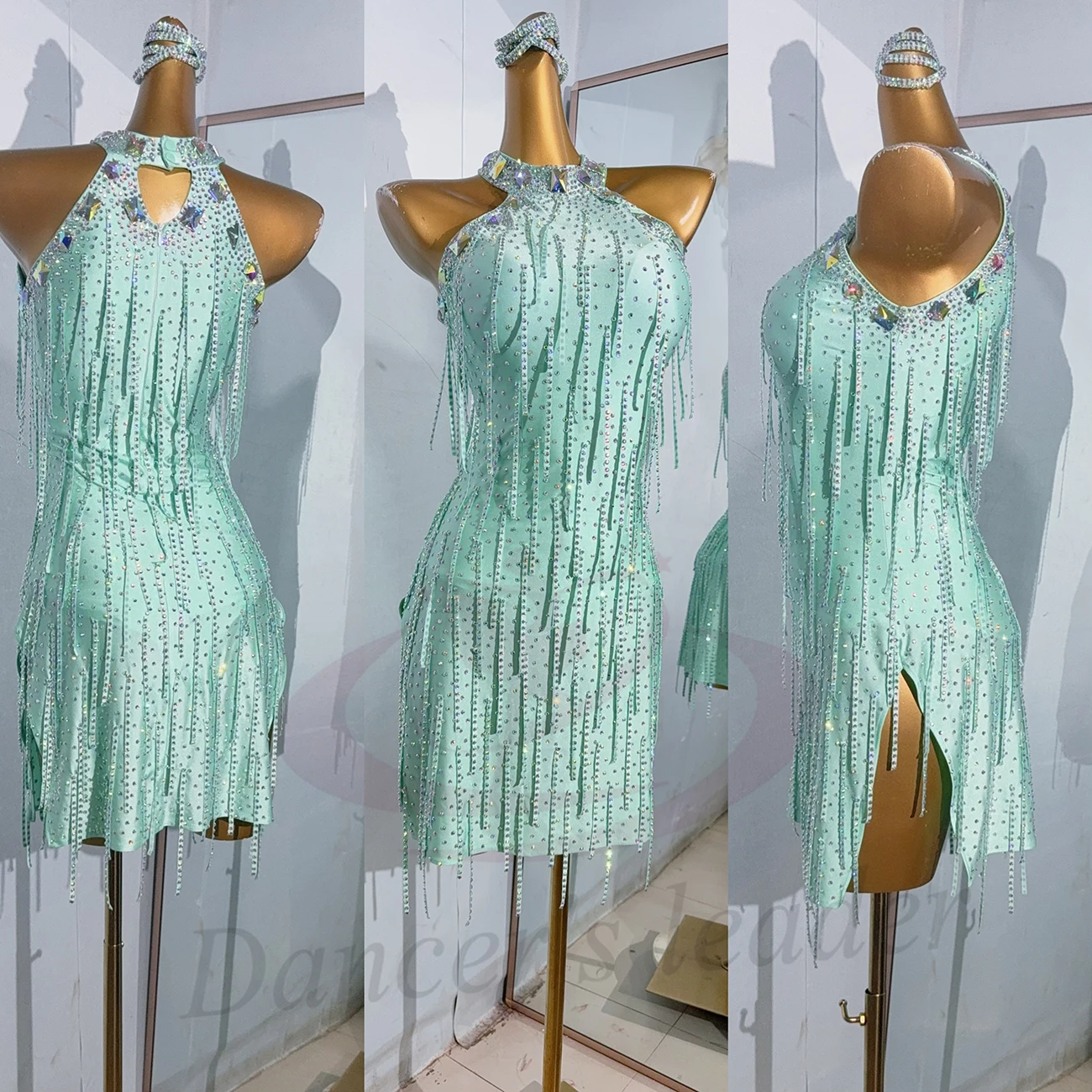 Vestido profesional de baile latino, malla personalizada de alta gama, rayas de diamantes, tango, trajes de escenario para mujeres adultas y niños