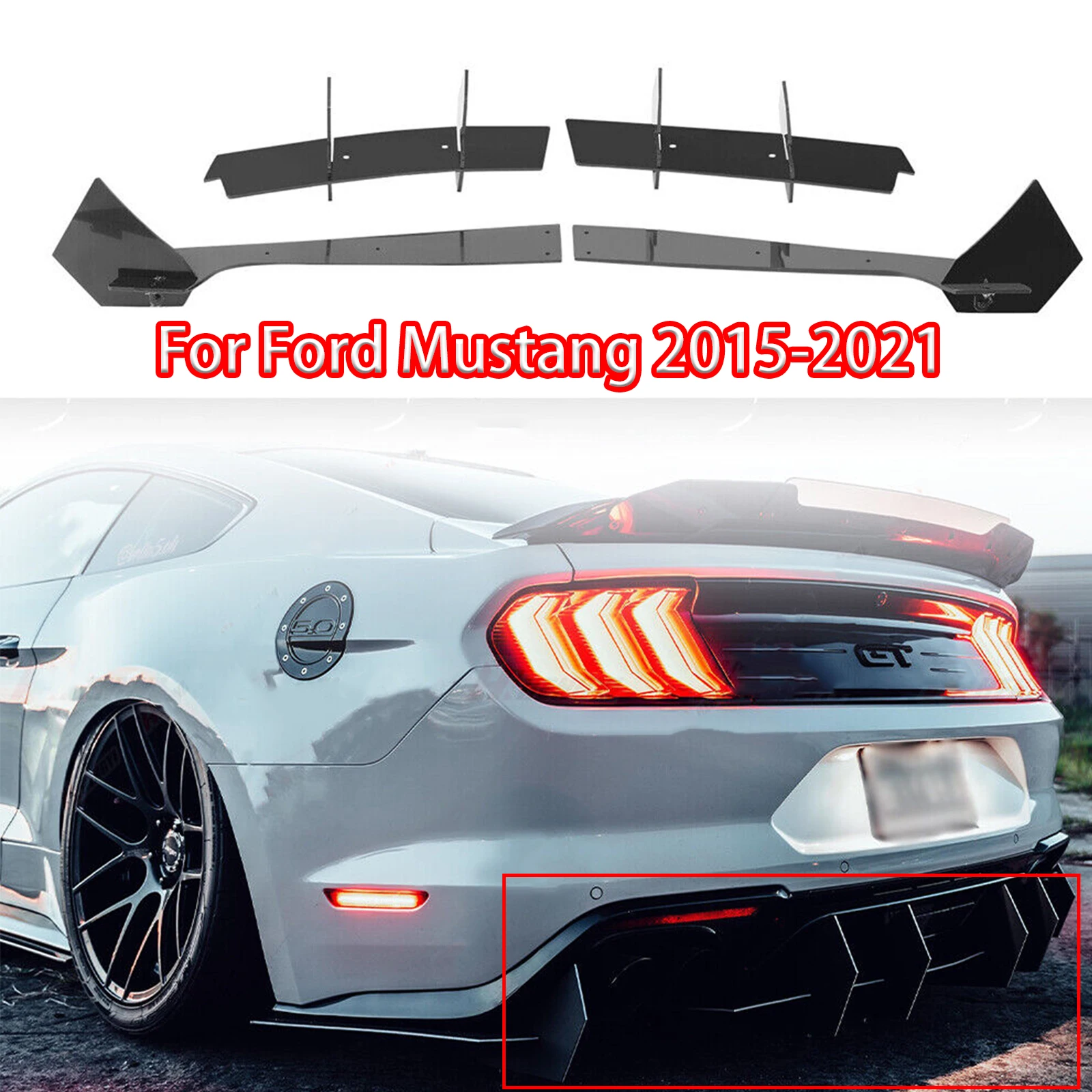 

For Ford Mustang Ecoboost 2018-2021 Rear Bumper Lip Diffuser Side Valance Apron Glossy Black