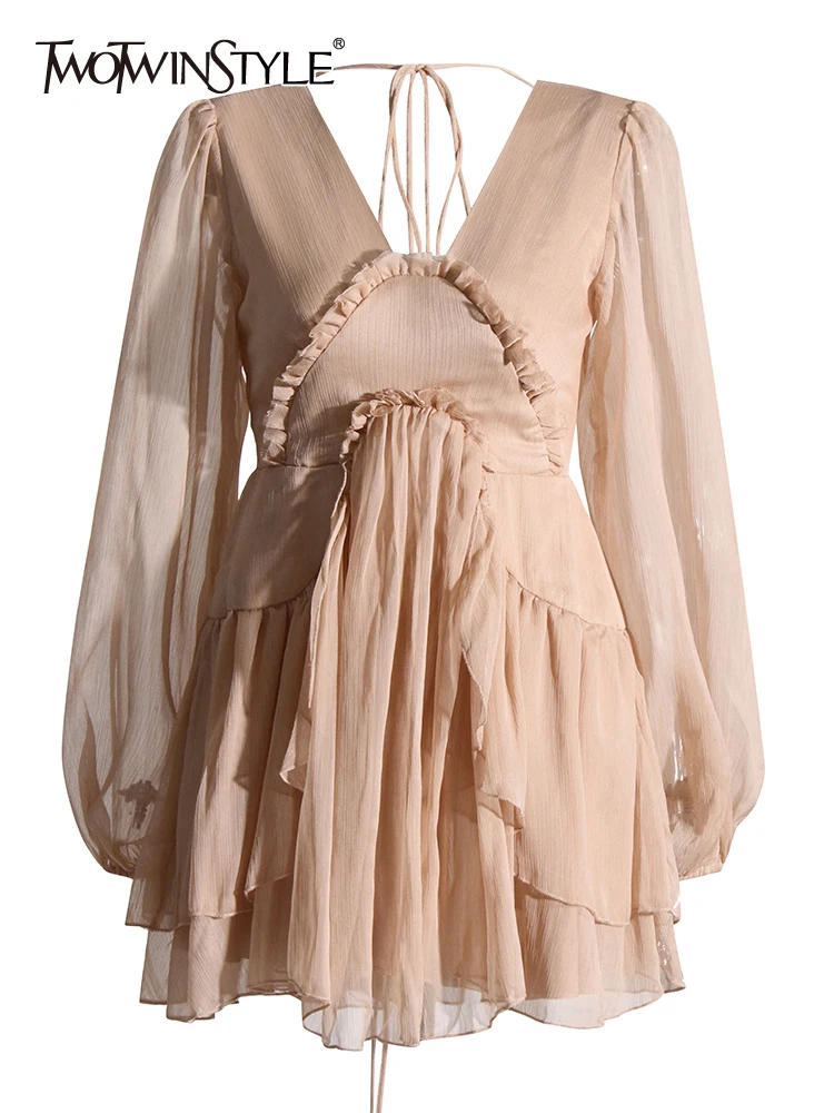 

TWOTWINSTYLE Spliced Ruffles Chiffon Dresses For Women V Neck Long Sleeve High Waist Patchwork Lace Up Dress Female Fashion 2023