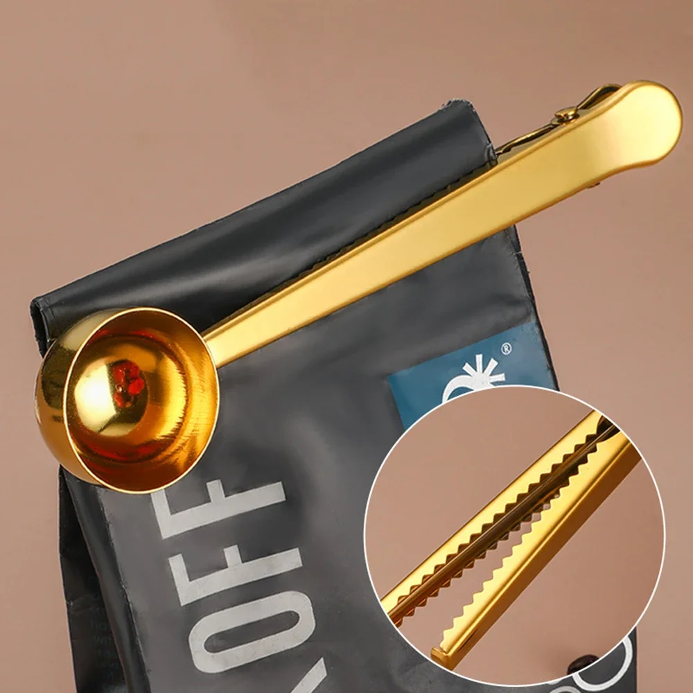 2 in 1 Creative Coffee Spoon 5ml Stainless Steel Multifunctional Coffee Scoop with Sealing Clip Kitchen Measuring Coffee Scoop