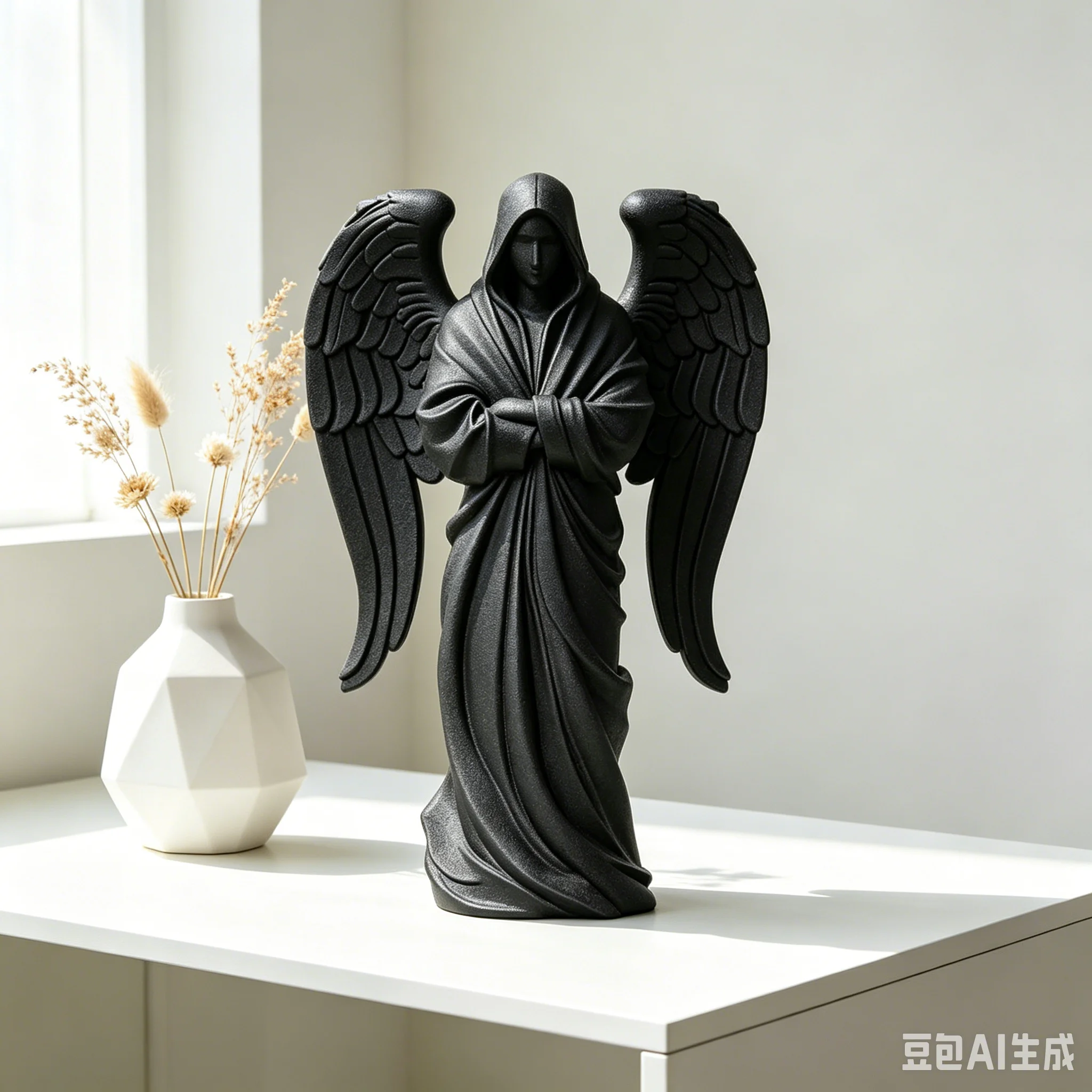 3D Printed Black Hooded Angel Statue Large Wing Guardian Sculpture Minimalist Gothic Desktop Ornament Home Table Decor Gift