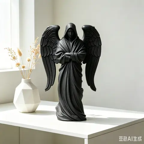 3D Printed Black Hooded Angel Statue Large Wing Guardian Sculpture Minimalist Gothic Desktop Ornament Home Table Decor Gift