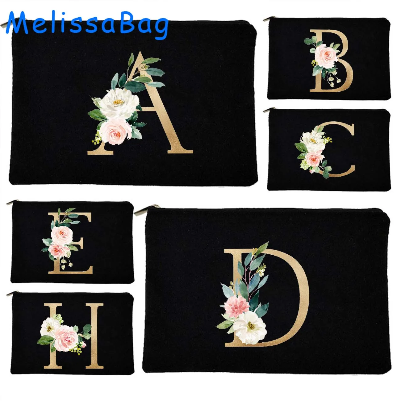 

Cute Flower Initial Letter Floral Monogram Gold Wedding Alphabet Gifts Canvas Cosmetic Bags Makeup Bag Pencil Case Zipper Pouch