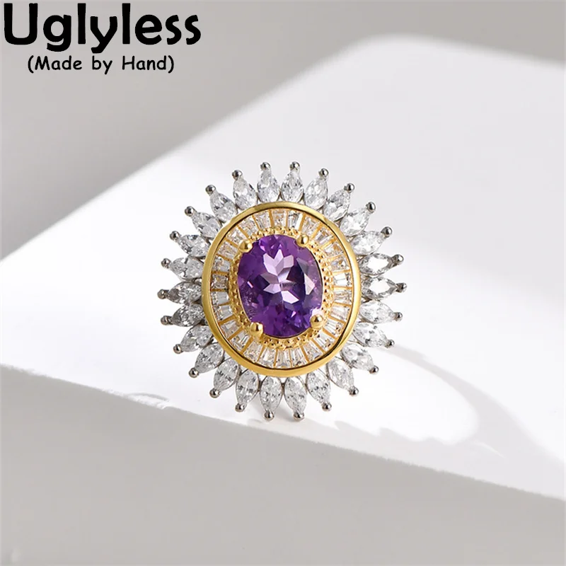 

Uglyless Sunflower Amethyst Rings Pendants Necklaces Women Elegant Lady Jewelry Set Purple Crystal Bijoux 925 Silver NO Chain