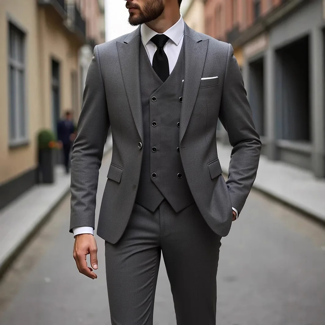 

Dark Grey High Quality Men Suits Slim Fit Single Breasted Peak Lapel Elegant Groom 3 Piece Jacket Pants Vest Male Sets