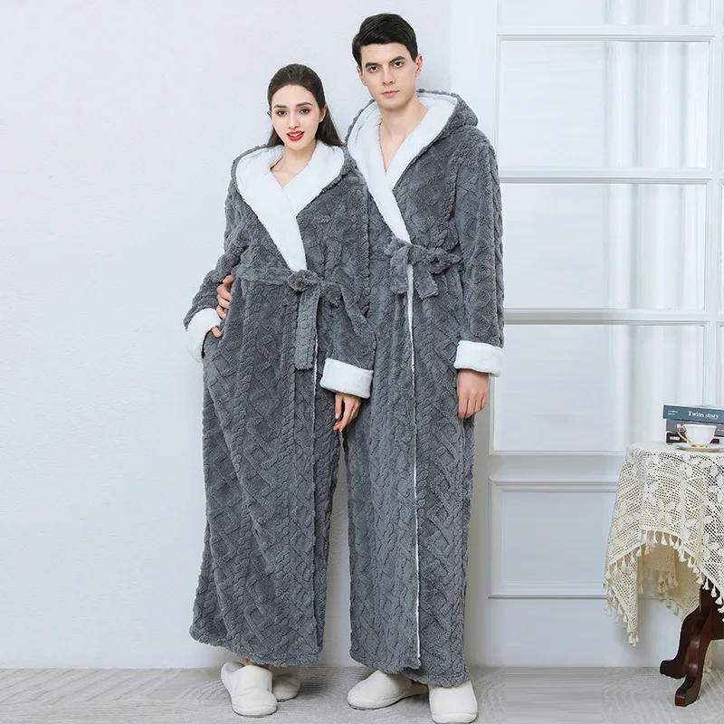 Women Winter Extra Long Warm Flannel Bathrobe Plus Size Thick Coral Fleece Bath Robe Lovers Spa Dressing Gown Men Cozy Sleepwear