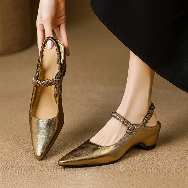 NEW Summer Women Sandals Genuine Leather Shoes for Women Pointed Toe Strange Heel Shoes Gold Cover Toe Slingback Modern Sandals