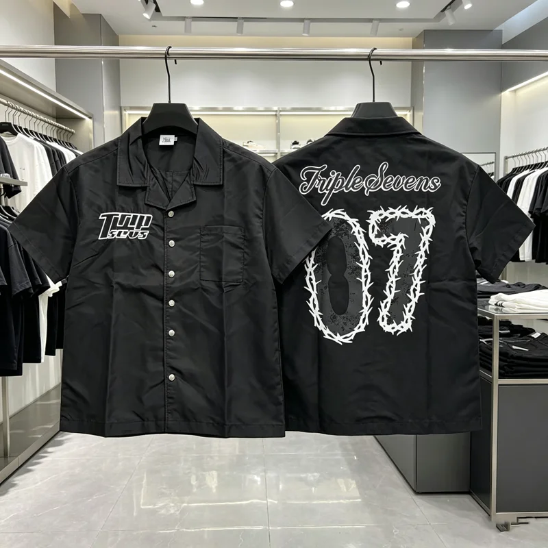 

Black Triple Sevens Inseide Splice Shirts Chest Embroidery Logo T Shirt Men Women Back 07 Digit Short Sleeve Shirts Loose Blouse