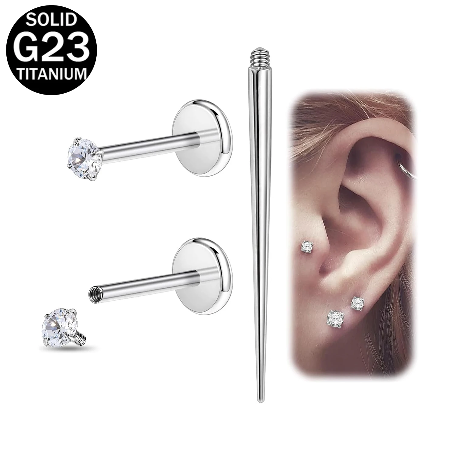 16G/18G Flat Back Earrings Stud G23 Titanium Internal Thread Labret Cartilage Lip Conch Piercing Jewelry Cartilage Earring 3PCS