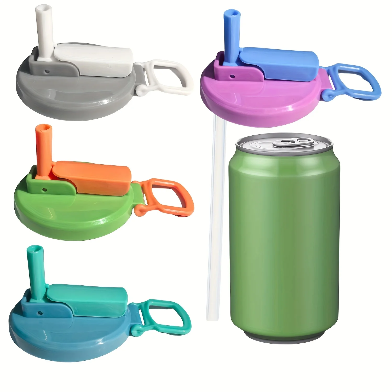Reusable Lid for Soft Drink Cans That Comes in Four Colors Designed for Beverages, Juices, And Soft Drinks Complete with a Straw