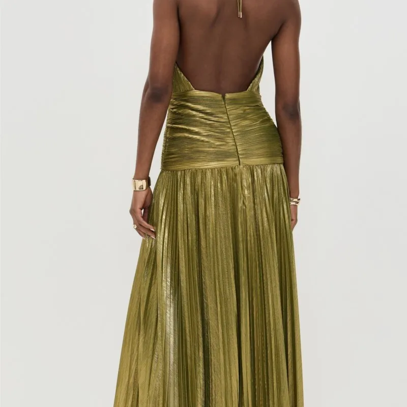 New Fashionable Temperament Evening Dress Metallic Summer Sexy Vestidos Halterneck Sleeveless Mid-waist Slit Backless Dresses