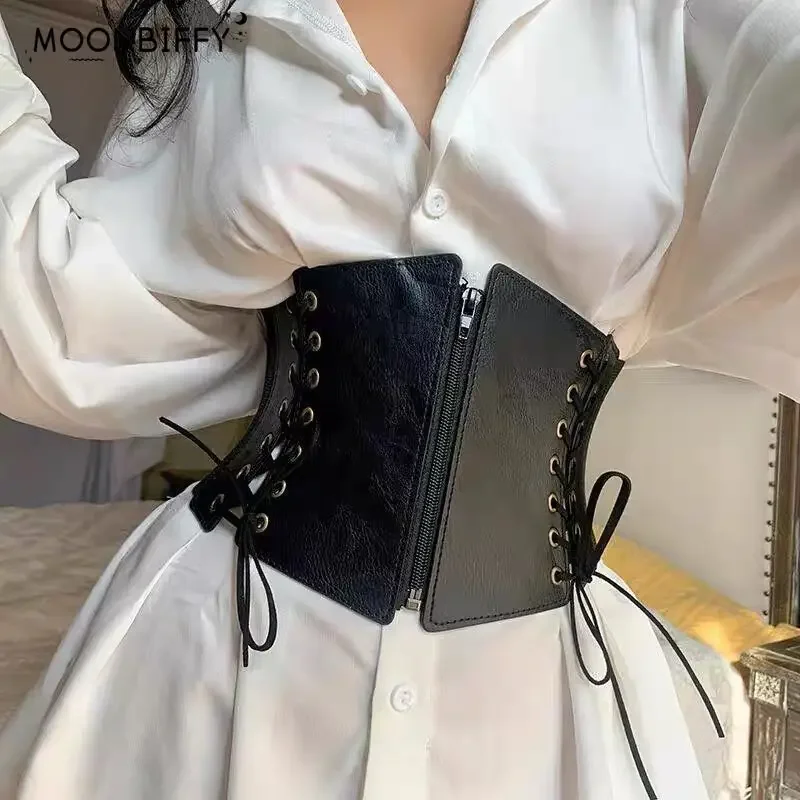 Fashion Punk Corset Wide Belts Women Slimming Body Elastic Bustier Waistband PU Leather Hip Hop Gothic Dress Girdle Belt Straps