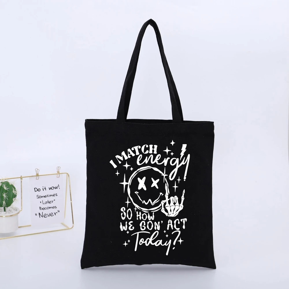 Black Canvas Tote Bag with Smiley Face and Skeleton Hand Graphic, Streetwear Style for Daily Casual Use