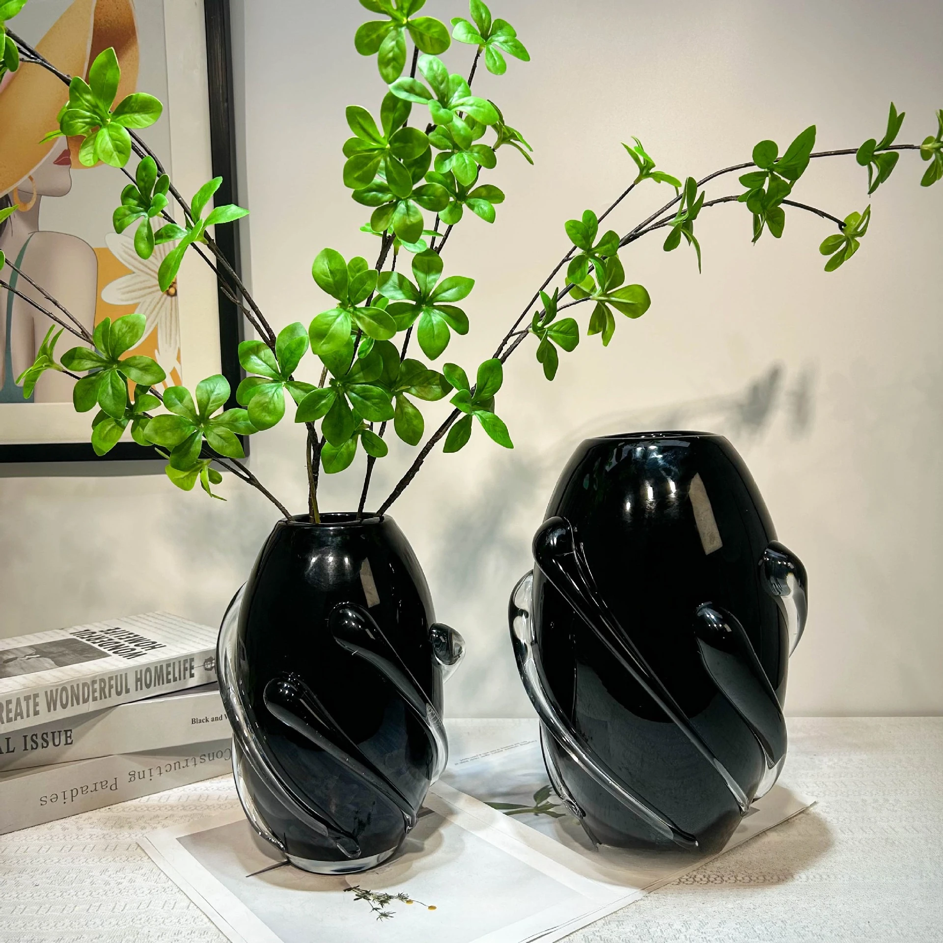 Modern light luxury black glazed vase home office art display ornament model room hotel art flower arrangement