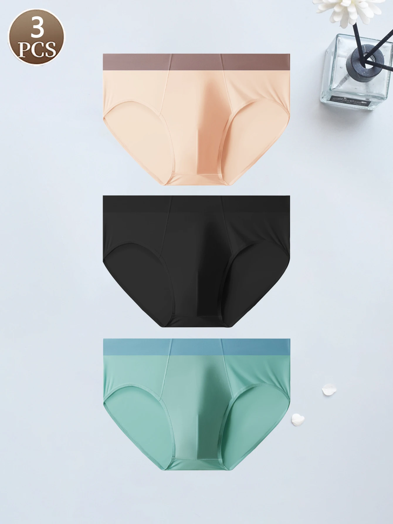 

3PCS Solid color casual sports minimalist Men's mid waist lightweight cool seamless ice silk brief