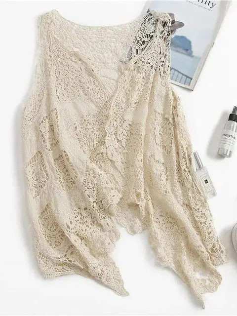 Summer women's beach cover shirt Bohemian style embroidered hollow vest cardigan top fashionable thin sunscreen shirt