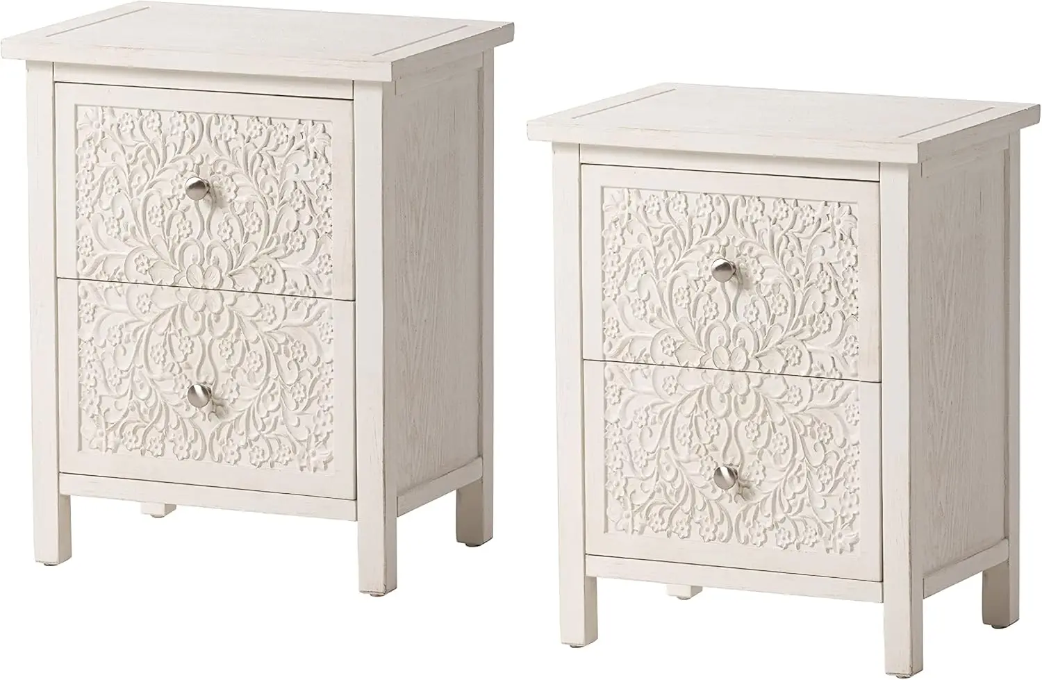 

Set of 2 Farmhouse Fully-Assembled Nightstand with 2-Drawer Flower Motif End Table for Small Spaces French Country, Modern