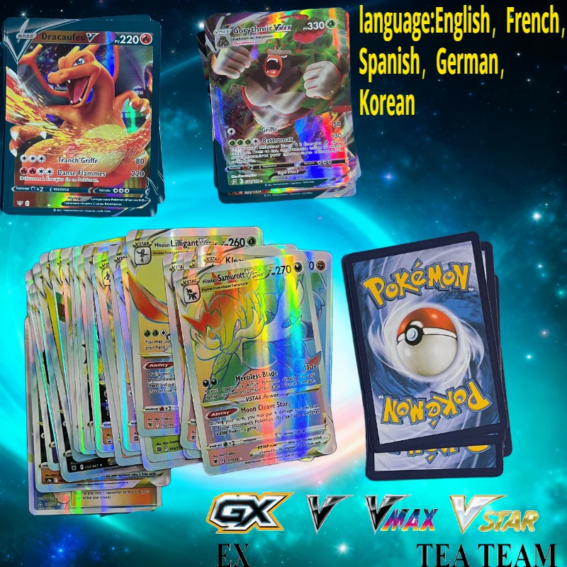 54-200 Uds Pokémon PTCG tarjetas de colección Pikachu VMAX GX V VSTAR Ex (inglés español coreano francés alemán) cartas de juego de Anime juguete