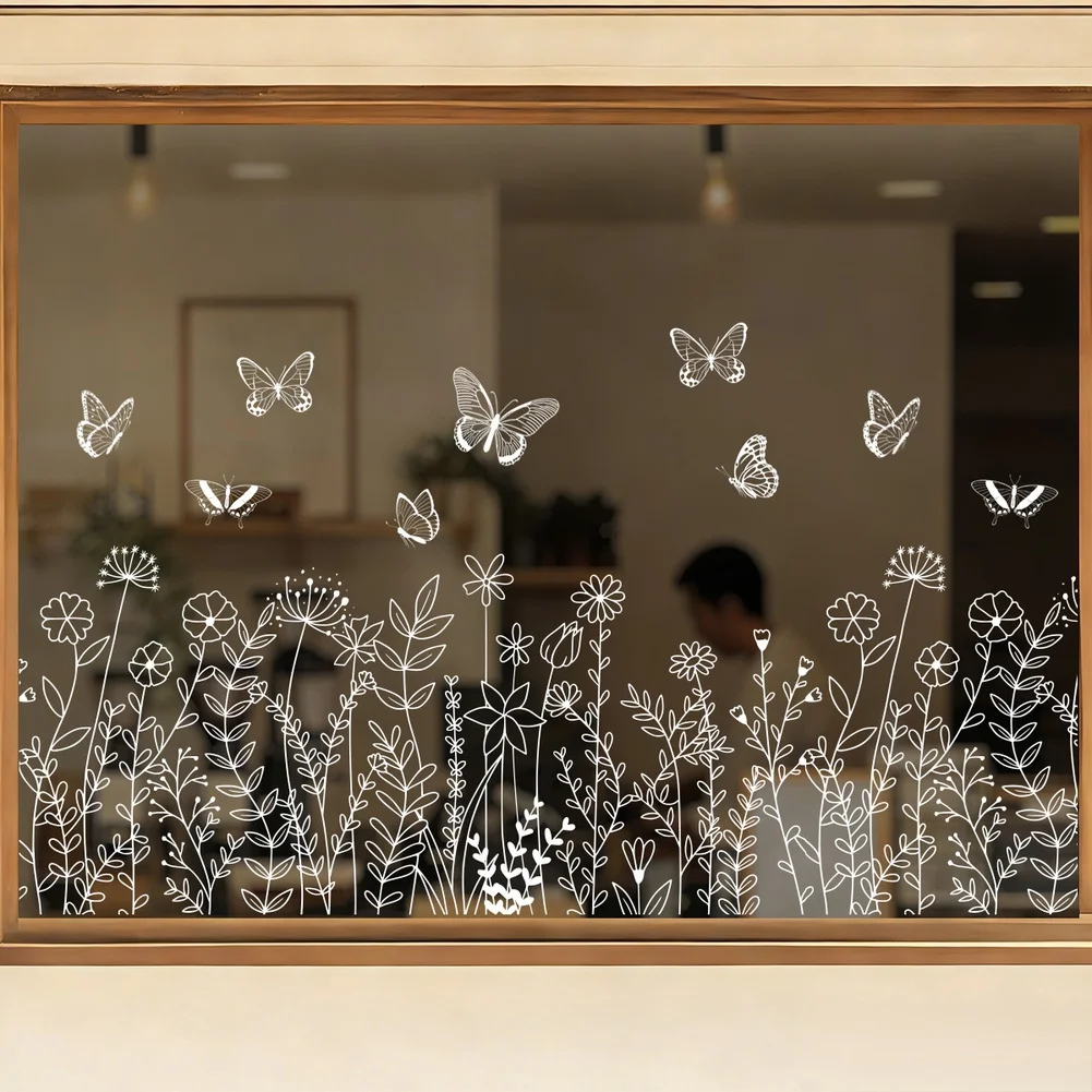 White Spring Butterfly Floral Static Cling Decals for Windows Mirrors Tiles PVC Glass Stickers 30x60cm 2 Stickers