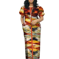 Elegant Women African Dress O-neck Short Puff Sleeve Long Maxi Dresses African Print Clothing Bazin Riche Plus Size Dress WY4542