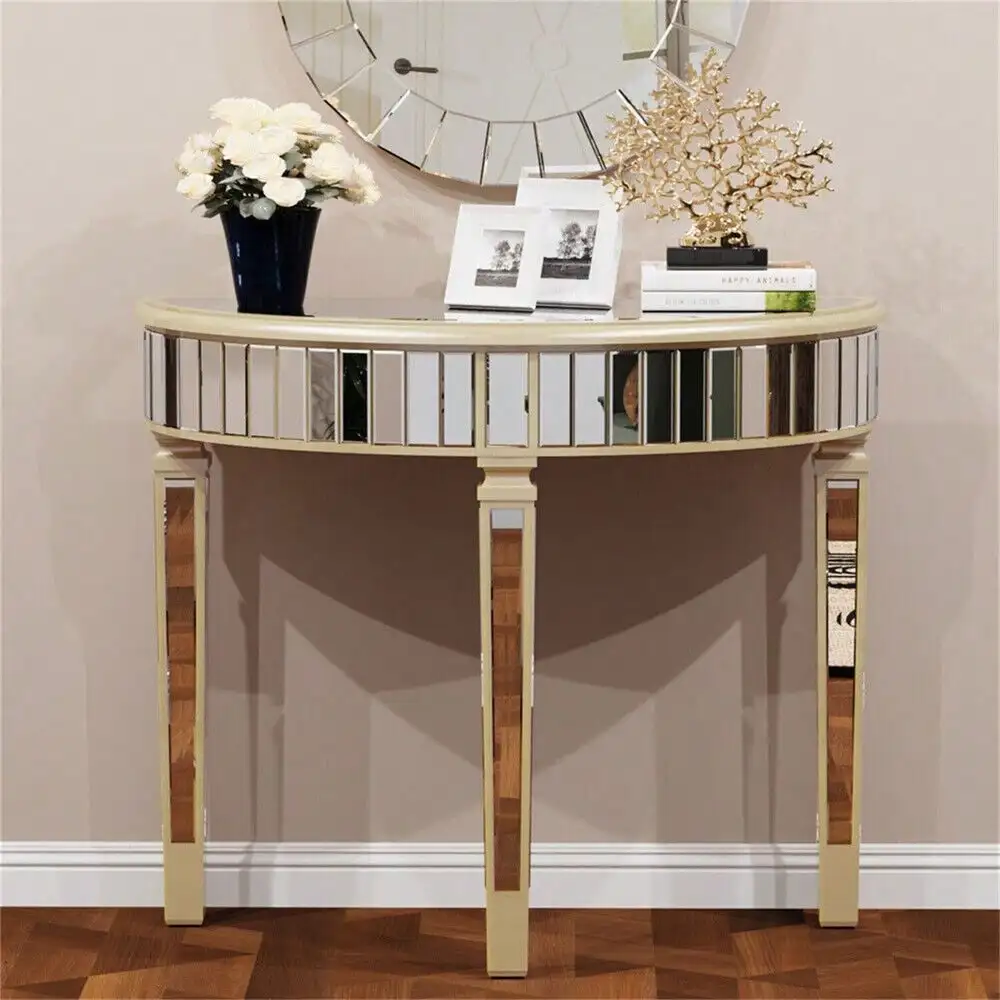 Ornate Half Moon Console Mirrored Table Furniture Entryway HD Glass Decor Table