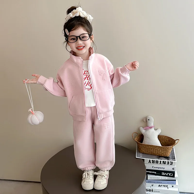 Girls' Leisure Set Spring 2026 New Fashionable Children's Fashion Spring Dress Girl Baby Stand Up Collar Sports Two Piece Set