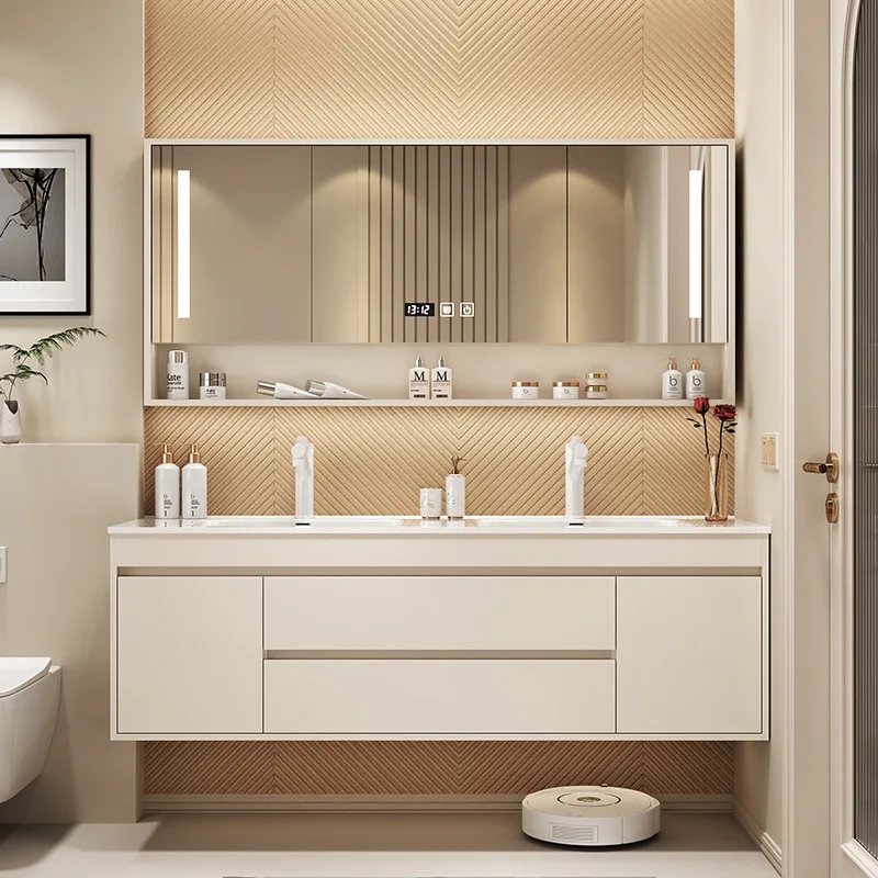 

Solid wood smart bathroom cabinet combination ceramic integrated basin double basin wash basin