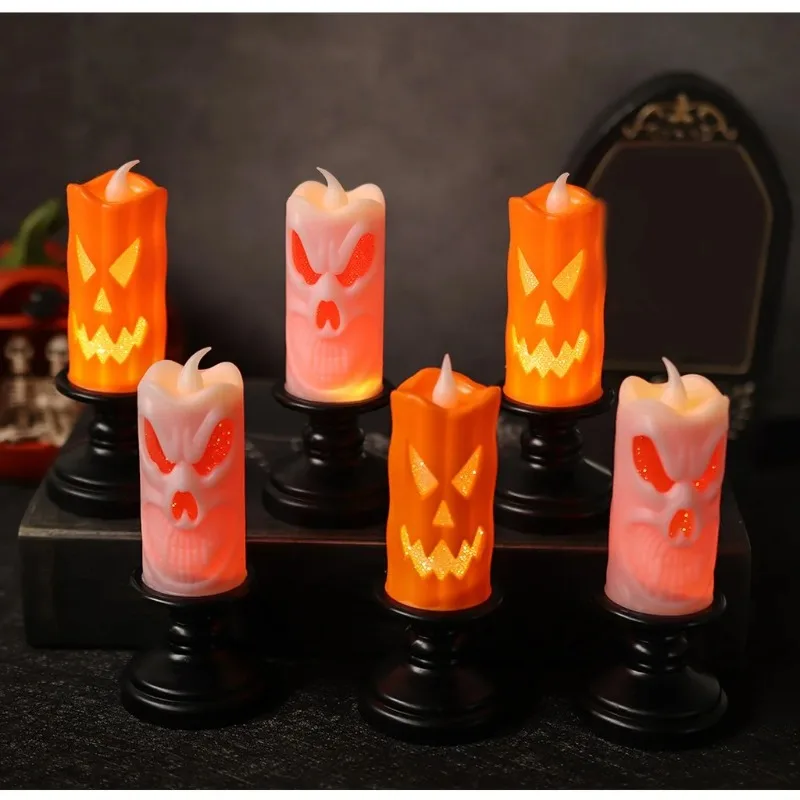 2Pcs Halloween LED Flameless Candle Light Pumpkin Skull Pattern Glowing Haunted House Party Tabletop Decor Ornament