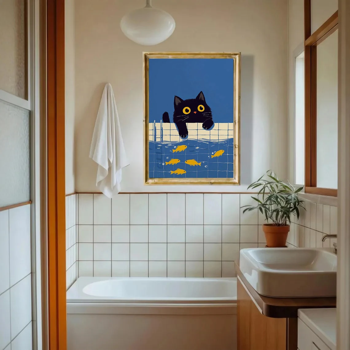 1pc frameless Canvas Painting Cute Black Cat Wall Art Print with Goldfish, Whimsical Animal Illustration Poster, Modern Contempo