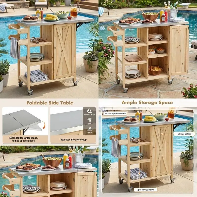 Foldable Modern Outdoor Kitchen Island Trolley with Lockable Wheels Locker and Towel Rack White Brown Durable