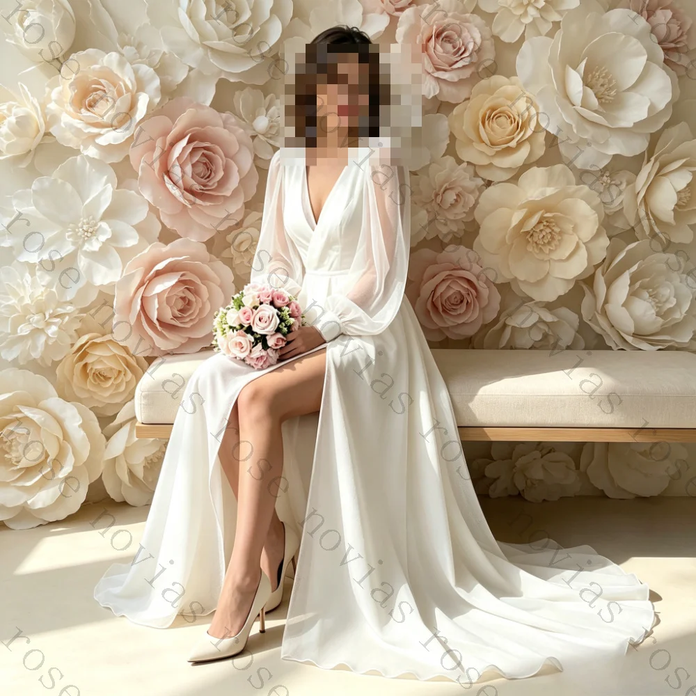 Customized Deep V Wrap Mesh Long Sleeve Chiffon Wedding Dress High Slit Flowy Skirt Bohemian Elopement Lightweight Bridal Gown