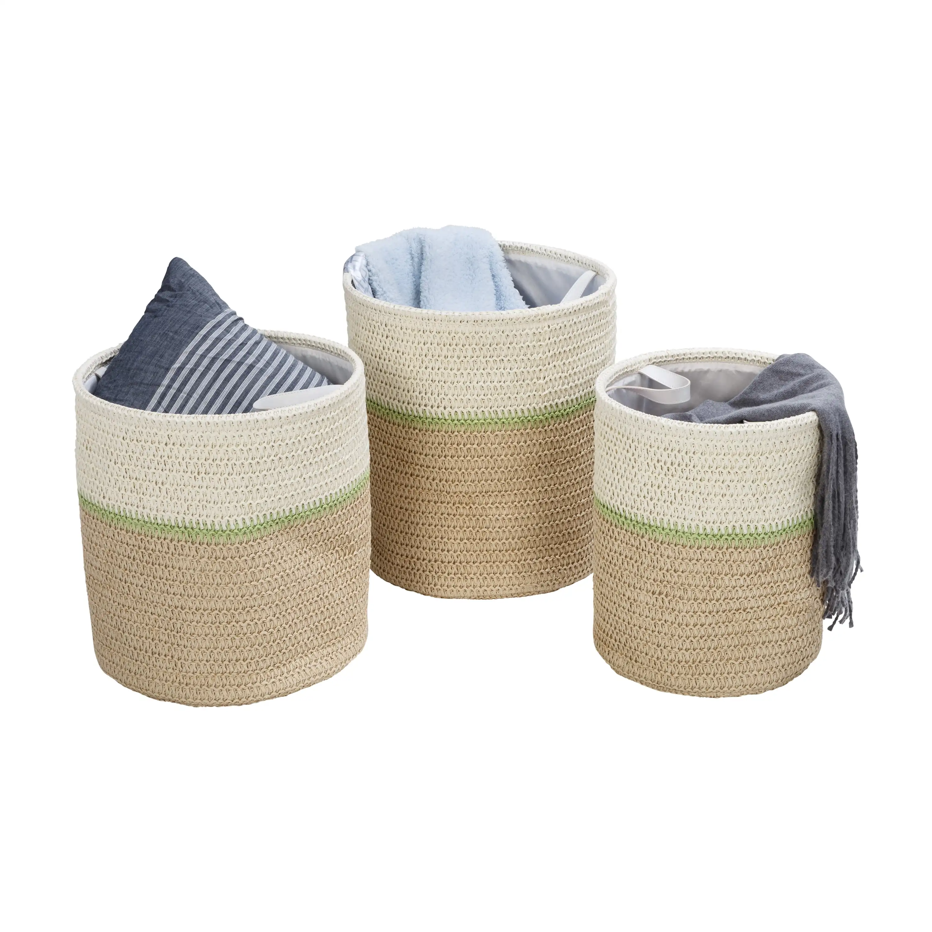 Paper Straw Set of 3 Nesting Storage Baskets with Handles, Natural/Green