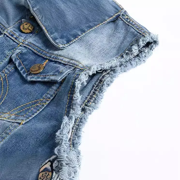 Trendy motorcycle men's clothing: light blue denim jacket, blazer-style top, denim vest with holes, denim vest-like shirt view 4