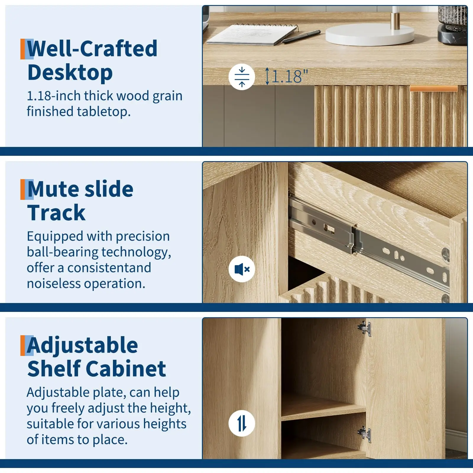 GarveeHome 60" Executive Desk with Storage, Modern Home Office Desk with Drawer & Cabinet, Wood Fluted Computer Desks Workstati