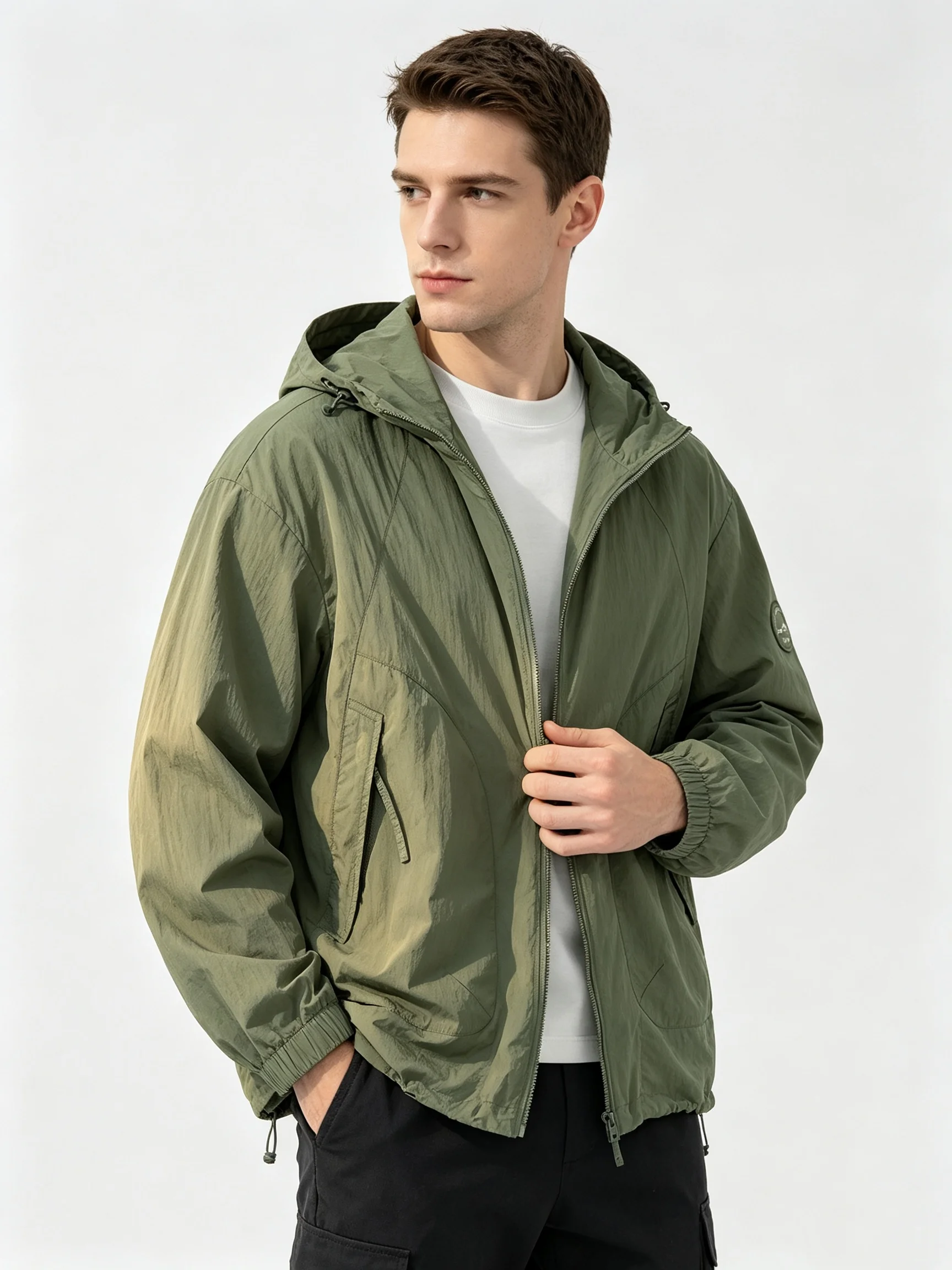 Men Olive Green Hooded Windbreaker Jacket Full Zip Multi Pockets Mesh Lined Loose Fit Outdoor Casual Coat
