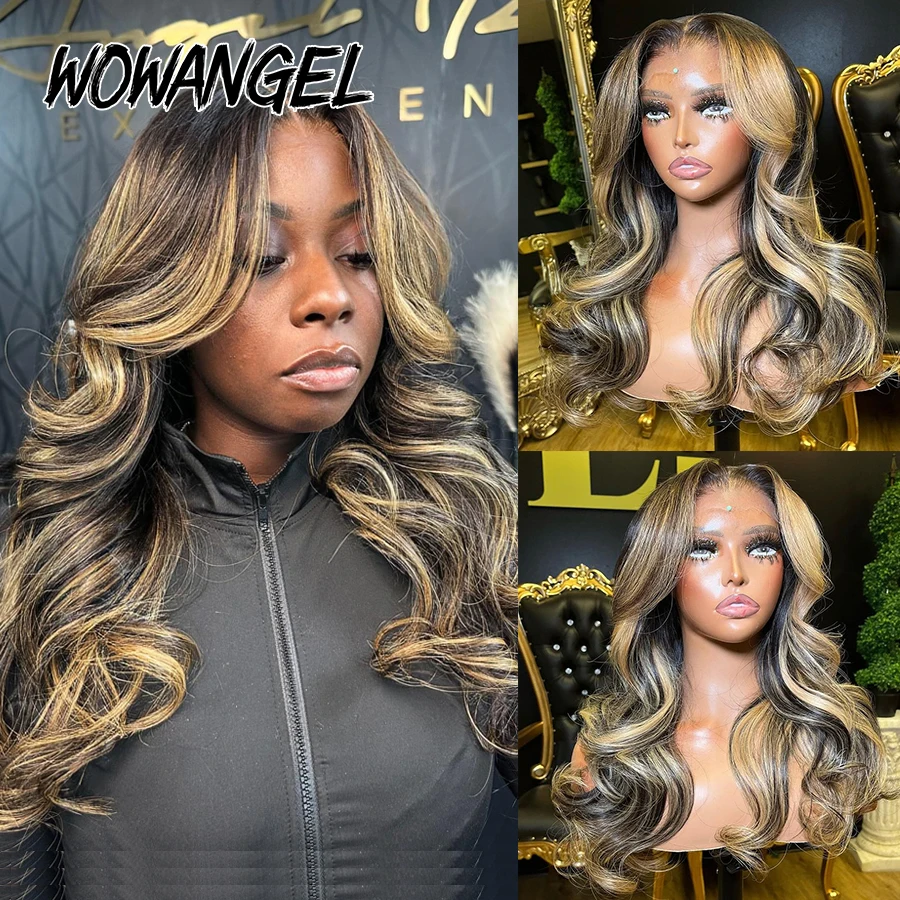 Wow Anjo-pre corte as perucas do fechamento do laço, onda do corpo, louro do mel do destaque, perucas glueless do cabelo humano, 250% corte pre, 5x5