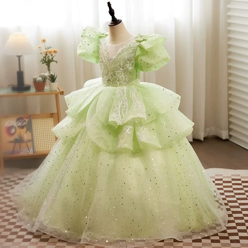 Vestido de baile verde claro personalizado, vestidos de menina flor de bebê, lantejoulas, baile, festa de aniversário, ocasião formal