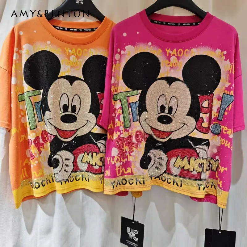

2025 Autumn Fashion Brand Women's Short Sleeved Tshirts Heavy Craft American Cartoon Print Rhinestone Crew Neck Pullover T-shirt