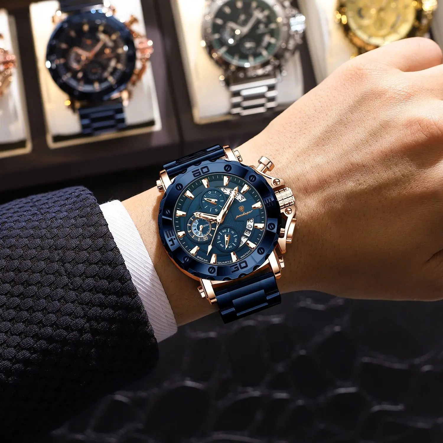 POEDAGAR Luksusowy Męski Zegarek na Rękę Datownik Luminescencyjny Wodoodporny Kwarcowy Zegarek Męski Chronograf Stal Nierdzewna Modne Zegarki Męskie Reloj
