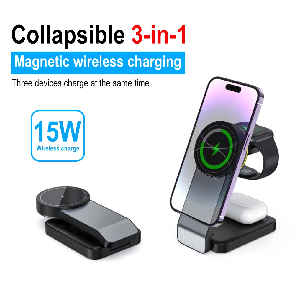 

W79 PD 15W Foldable magnetic 3-in-1 wireless Fast charging station for Samsung Apple mobile phone stand wireless fast charging