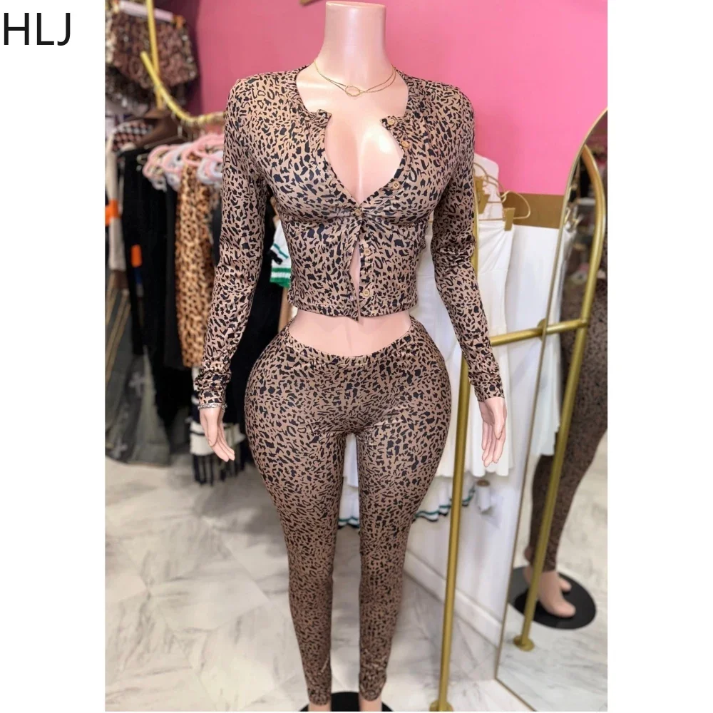 

HLJ&GG Sexy Leopard Print Bodycon Two Piece Sets Women V Neck Long Sleeve Slim Crop Top And Skinny Pants Outfit Fashion Clubwear