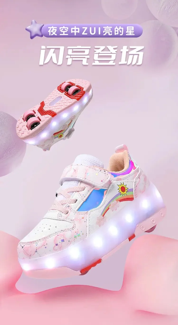 أحذية جري صغيرة مضيئة علوية من الجلد بأربع عجلات، زلاجات دوارة للأطفال في الهواء الطلق، هدايا للأطفال أحذية رياضية للأطفال